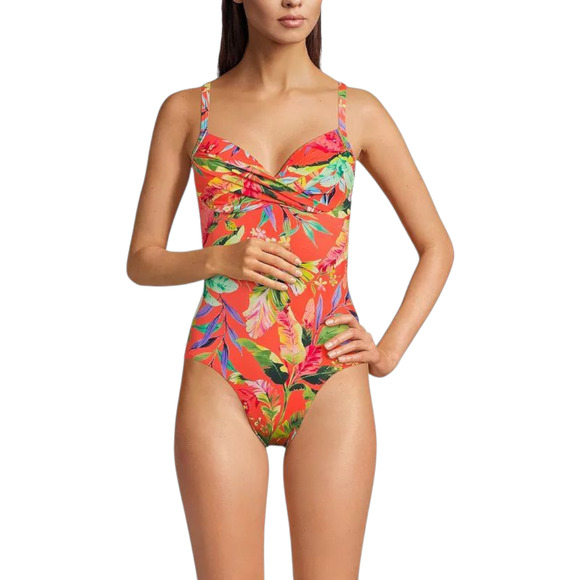 Lands' End Sculpting One Piece Swimsuit Coral Multi Palm‎ Size 14 NWT - Picture 1 of 13